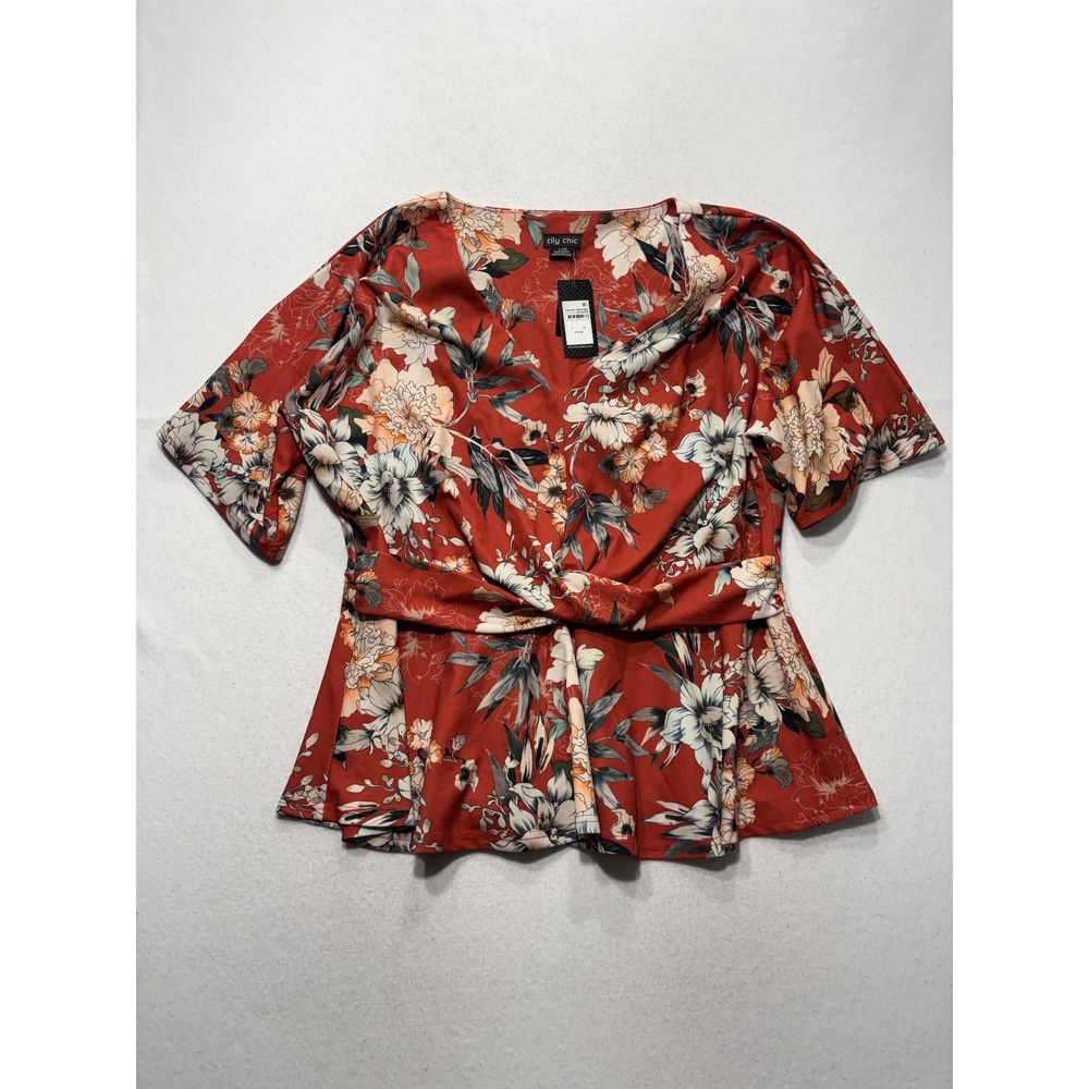 City Chic Womens 20 Top Knot Seduction Red Floral Peplum Blouse 00201141 NEW